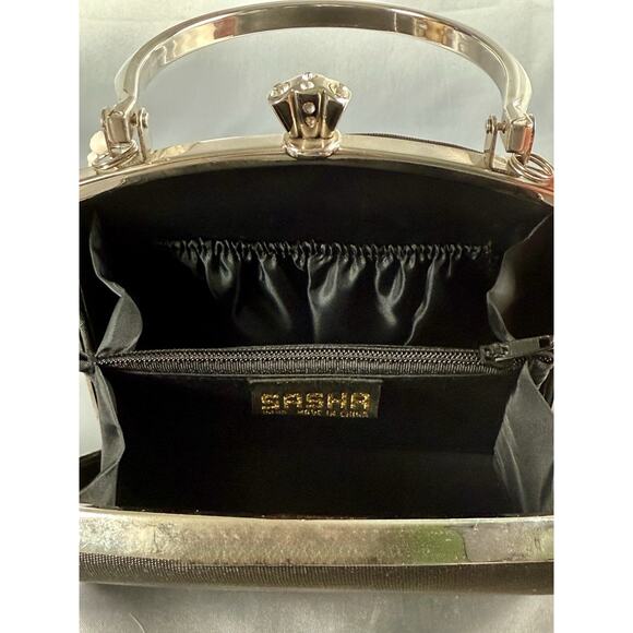Vintage SASHA Box Purse Art Deco Black Silver Handle Rhinestone NWT - Picture 10 of 13